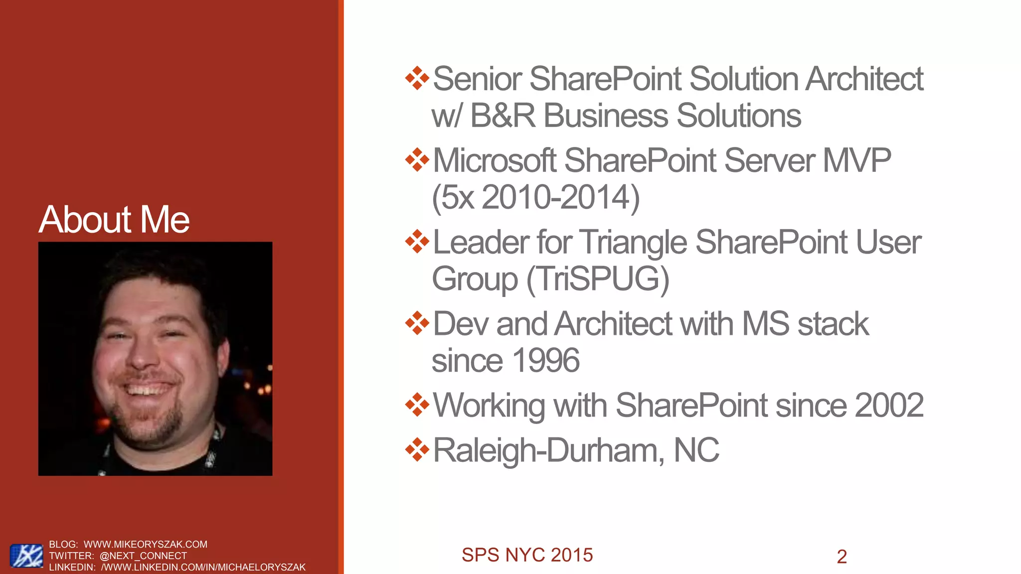 SPS NYC 2015
About Me
BLOG: WWW.MIKEORYSZAK.COM
TWITTER: @NEXT_CONNECT
LINKEDIN: /WWW.LINKEDIN.COM/IN/MICHAELORYSZAK
2