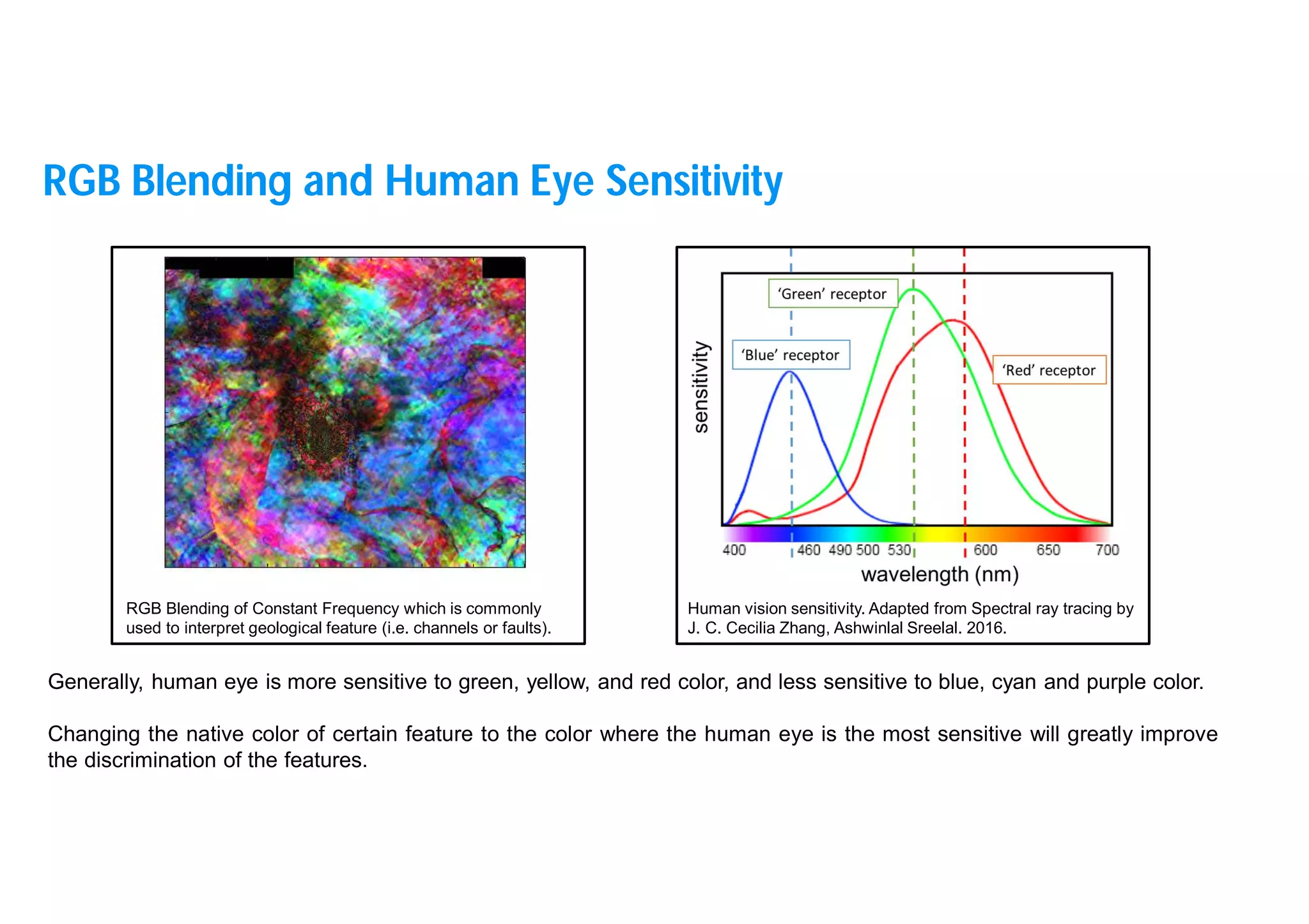 23
Human vision sensitivity. Adapted from Spectral ray tracing by
J. C. Cecilia Zhang, Ashwinlal Sreelal. 2016.
Generally, human eye is more sensitive to green, yellow, and red color, and less sensitive to blue, cyan and purple color.
Changing the native color of certain feature to the color where the human eye is the most sensitive will greatly improve
the discrimination of the features.
RGB Blending of Constant Frequency which is commonly
used to interpret geological feature (i.e. channels or faults).
RGB Blending and Human Eye Sensitivity
 