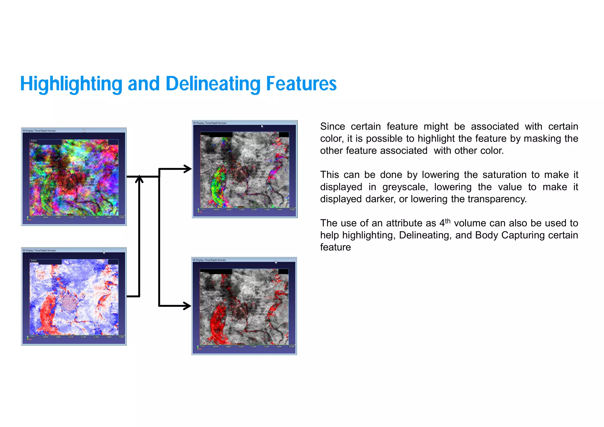 36
Since certain feature might be associated with certain
color, it is possible to highlight the feature by masking the
other feature associated with other color.
This can be done by lowering the saturation to make it
displayed in greyscale, lowering the value to make it
displayed darker, or lowering the transparency.
The use of an attribute as 4th volume can also be used to
help highlighting, Delineating, and Body Capturing certain
feature
Highlighting and Delineating Features
 