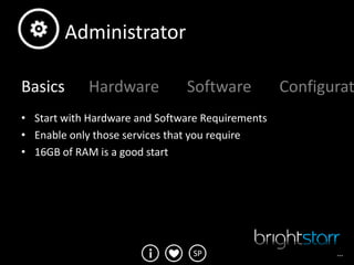 Administrator

Basics      Hardware           Software           Configurat
• Start with Hardware and Software Requirements
• Enable only those services that you require
• 16GB of RAM is a good start




                                SP                       …
 