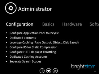 Administrator

Configuration              Basics         Hardware       Softw
•   Configure Application Pool to recycle
•   Dedicated accounts
•   Leverage Caching (Page Output, Object, Disk Based)
•   Configure IIS for Static Compression
•   Configure HTTP Request Throttling
•   Dedicated Caching Accounts
•   Separate Search Scopes

                                    SP                    …
 