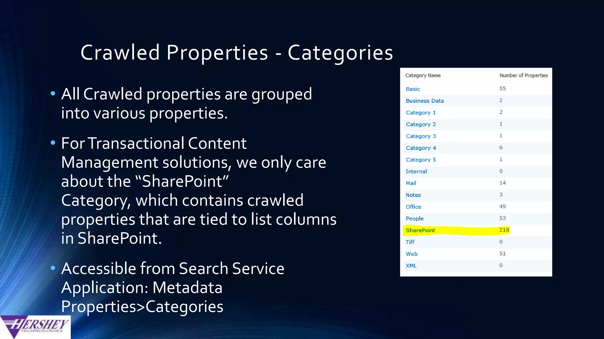 Managed Properties
• One managed property may be mapped to one or more
crawled properties.
• Useful in low governance situations where multiple site owners or
site collection admins have duplicated site columns using different
names (e.g. InvoiceNumber vs ‘Invoice Number’)
• One crawled property may be mapped to one or more
managed properties
• Useful if different applications create their own managed
properties, and need to reference the same crawled property.
 