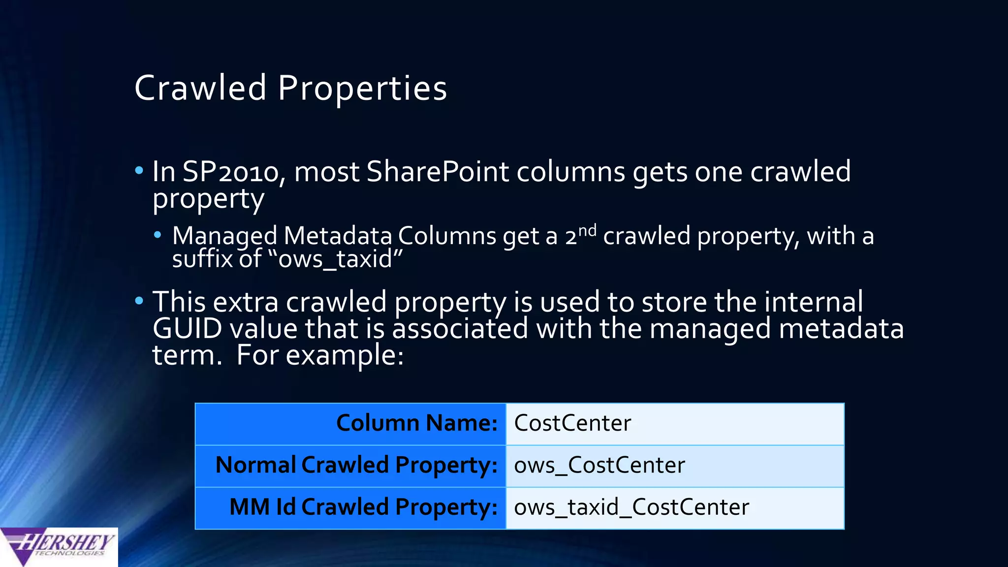 Advanced Search Web Part
Provides an OOB search
interface that allows users
to select a Managed
Property from a drop down
list, rather than having to
type out the managed
property name (e.g.
“StudentID:” or
“StudentID=“)
 