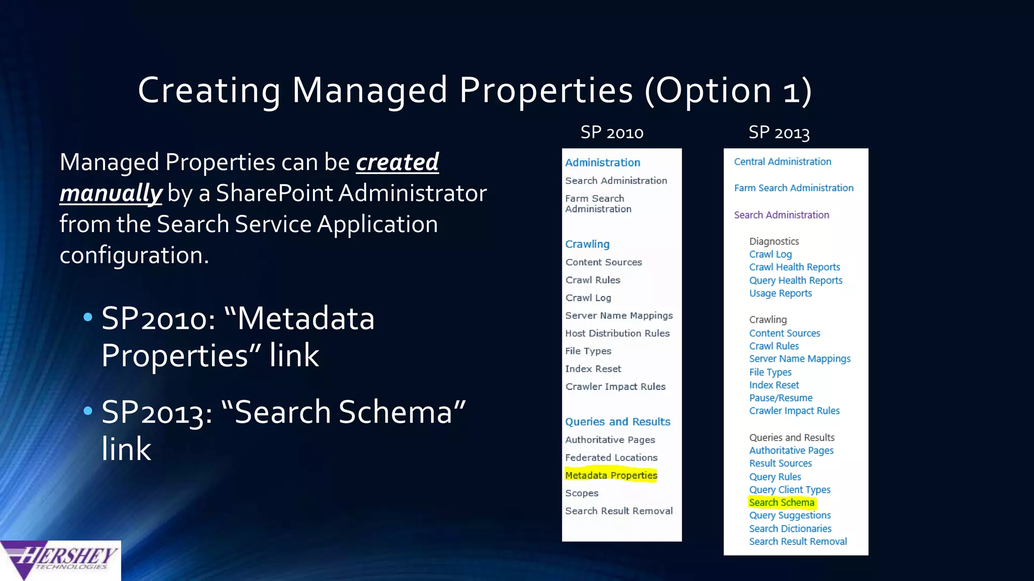 Creating Managed Properties (Option 3)
Let SharePointAuto-Generate new
managed properties when it crawls
 