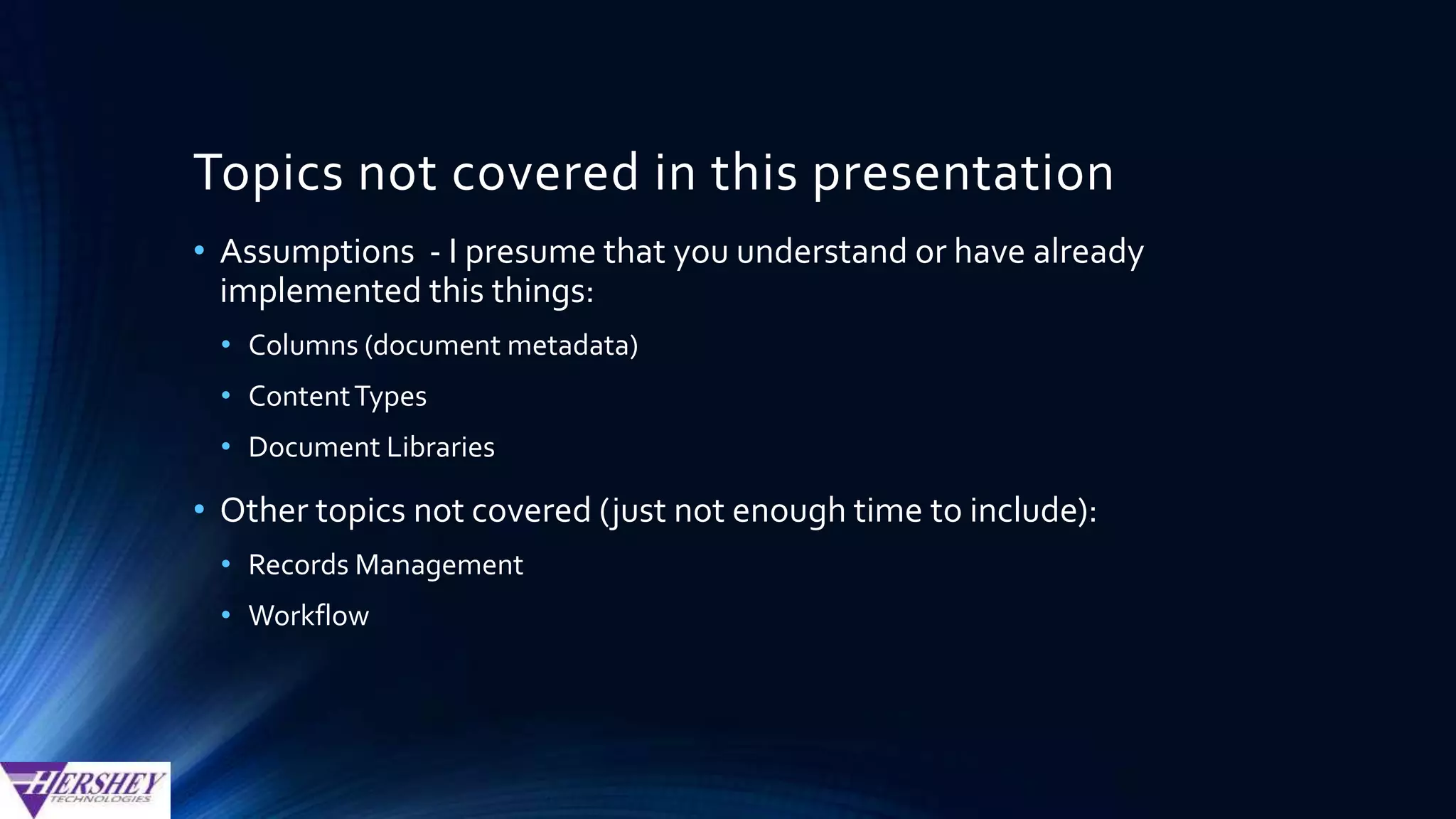 Agenda
• Explanation of “Transactional Content Management” (TCM)
• Overview of SharePoint features that are relevant toTCM
• How to make SharePoint supportTCM
• Demo of solutions that fill the feature gaps to ensure SharePoint is
successful for your transactional content management project
• Ad-hoc scanning / document capture into SharePoint
• Optimizing SharePoint search for large scaleTCM deployments
• Enable collaboration of static, transactional documents
• Make scanned images and PDF documents a 1st class citizen within SharePoint
 