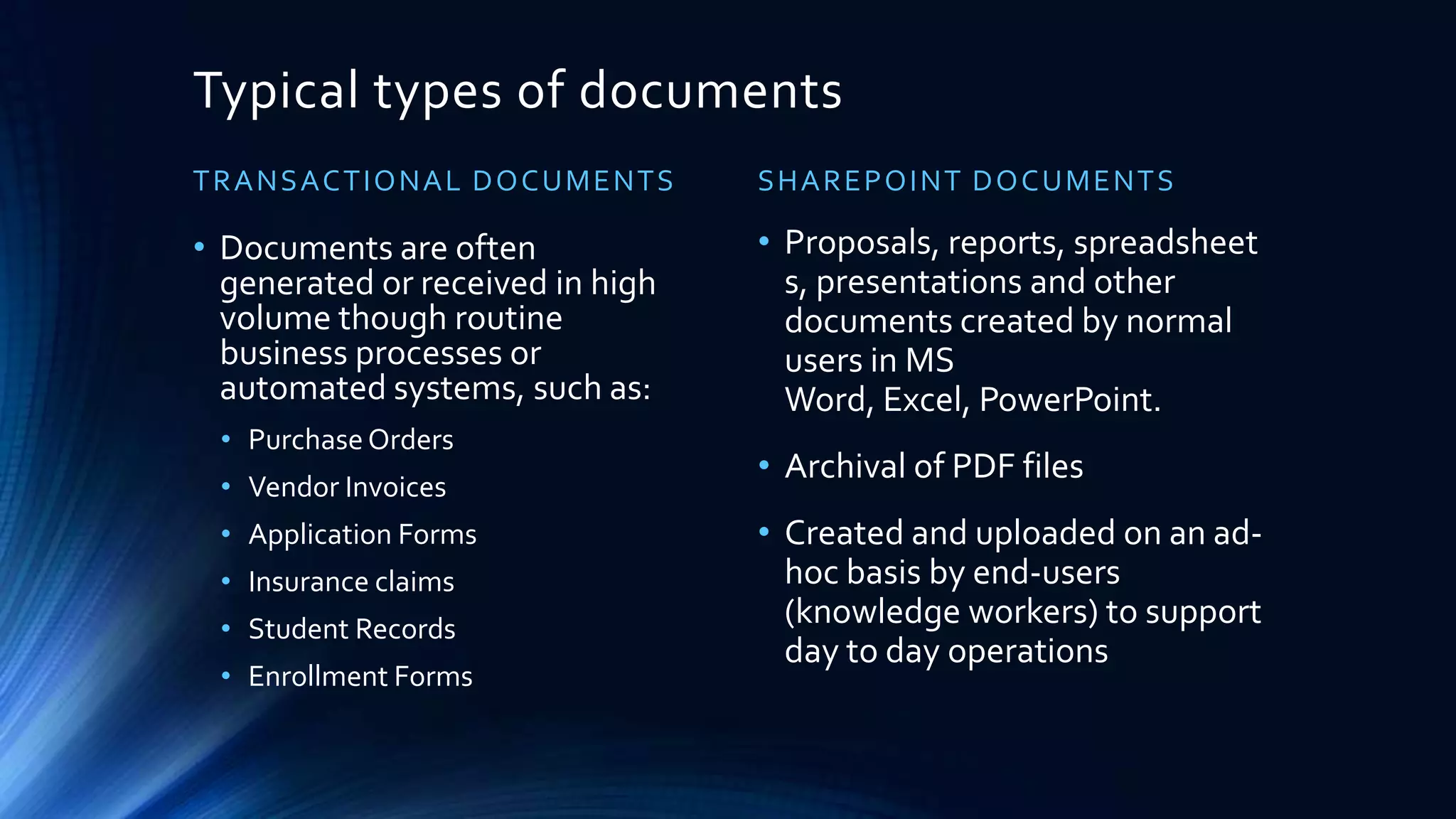 How documents are typically received
TRANSACTIONAL DOCUMENTS
Fax Server
Invoices@mycompany.com
Orders@mycompany.com
OCR
Form
Processing
External
Systems
(AP, claims,
etc.)
 