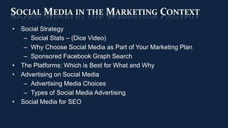 SOCIAL MEDIA IN THE MARKETING CONTEXT
• Social Strategy
   – Social Stats – (Dice Video)
   – Why Choose Social Media as Part of Your Marketing Plan
   – Sponsored Facebook Graph Search
• The Platforms: Which is Best for What and Why
• Advertising on Social Media
   – Advertising Media Choices
   – Types of Social Media Advertising
• Social Media for SEO
 