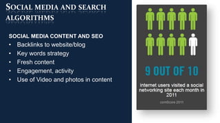SOCIAL MEDIA AND SEARCH
ALGORITHMS

SOCIAL MEDIA CONTENT AND SEO
•   Backlinks to website/blog
•   Key words strategy
•   Fresh content
•   Engagement, activity
•   Use of Video and photos in content
 