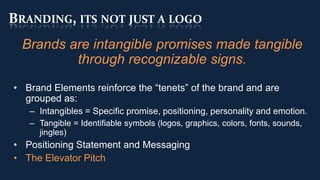 BRANDING, ITS NOT JUST A LOGO
  Brands are intangible promises made tangible
          through recognizable signs.
• Brand Elements reinforce the “tenets” of the brand and are
  grouped as:
   – Intangibles = Specific promise, positioning, personality and emotion.
   – Tangible = Identifiable symbols (logos, graphics, colors, fonts, sounds,
     jingles)
• Positioning Statement and Messaging
• The Elevator Pitch
 