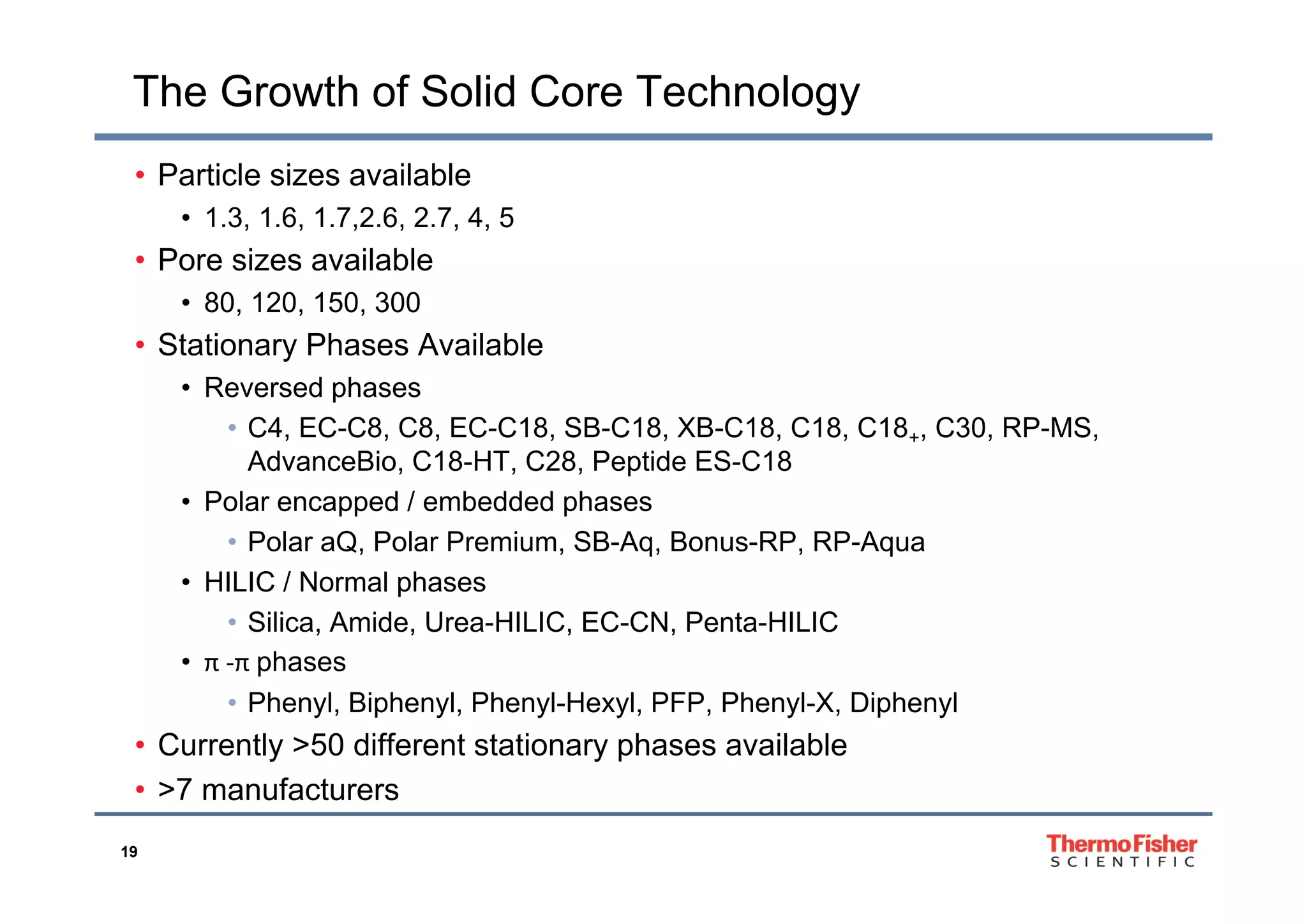 The Growth of Solid Core Technology
• Particle sizes available
• 1.3, 1.6, 1.7,2.6, 2.7, 4, 5
P i il bl• Pore sizes available
• 80, 120, 150, 300
• Stationary Phases Availabley
• Reversed phases
• C4, EC-C8, C8, EC-C18, SB-C18, XB-C18, C18, C18+, C30, RP-MS,
AdvanceBio C18 HT C28 Peptide ES C18AdvanceBio, C18-HT, C28, Peptide ES-C18
• Polar encapped / embedded phases
• Polar aQ, Polar Premium, SB-Aq, Bonus-RP, RP-Aqua
• HILIC / Normal phases
• Silica, Amide, Urea-HILIC, EC-CN, Penta-HILIC
• π ‐π phasesp ases
• Phenyl, Biphenyl, Phenyl-Hexyl, PFP, Phenyl-X, Diphenyl
• Currently >50 different stationary phases available
19
• >7 manufacturers
 