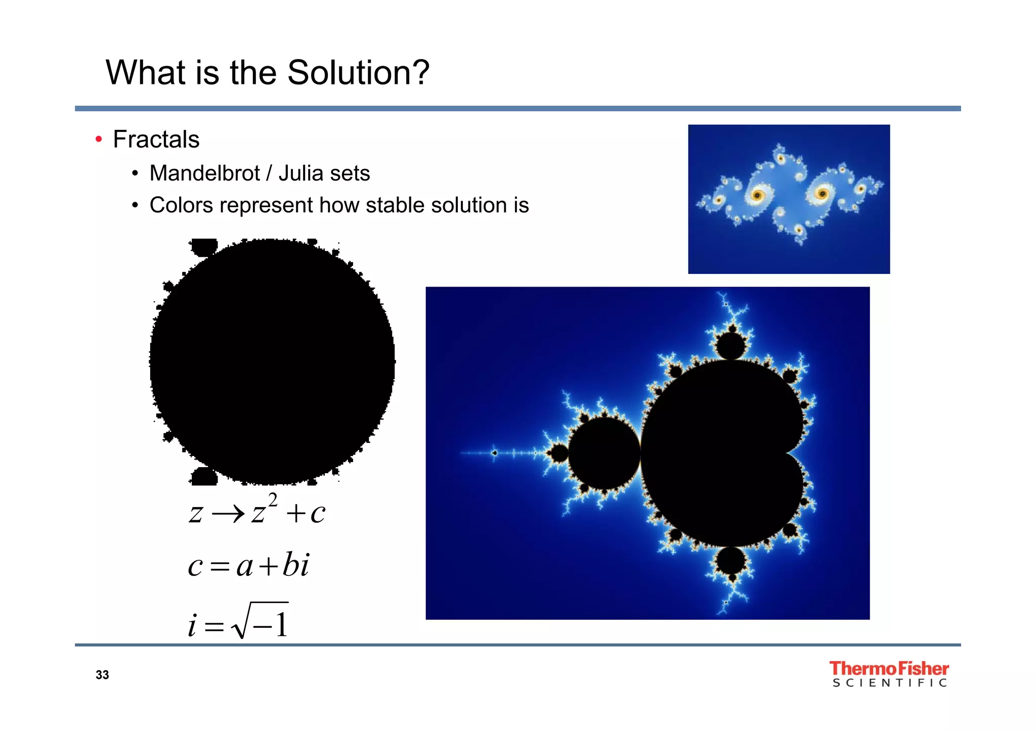 What is the Solution?
• Fractals
• Mandelbrot / Julia sets
C l t h t bl l ti i• Colors represent how stable solution is
2
 czz
1

i
biac
33
1i
 