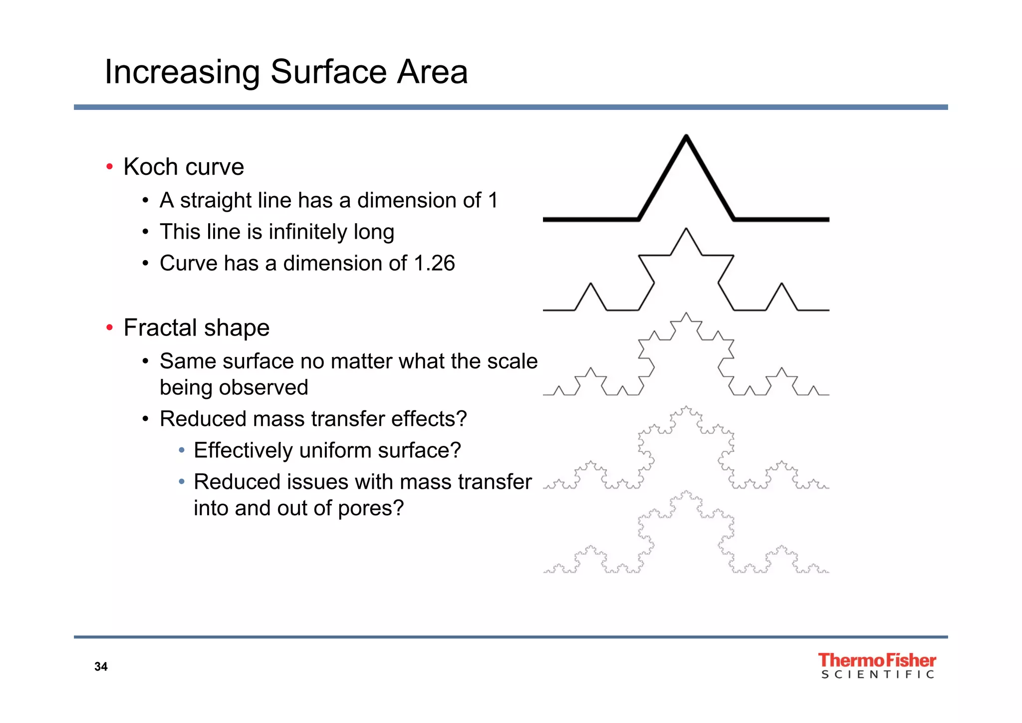 Increasing Surface Area
• Koch curve
• A straight line has a dimension of 1• A straight line has a dimension of 1
• This line is infinitely long
• Curve has a dimension of 1.26
• Fractal shape
• Same surface no matter what the scale• Same surface no matter what the scale
being observed
• Reduced mass transfer effects?
Eff ti l if f ?• Effectively uniform surface?
• Reduced issues with mass transfer
into and out of pores?
34
 