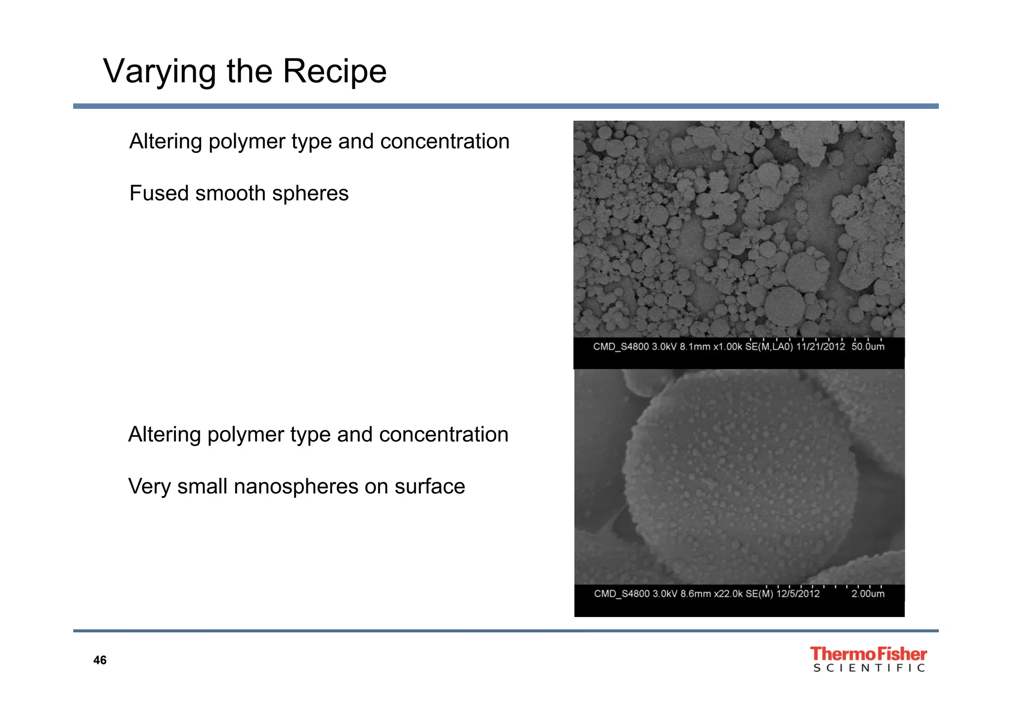 Varying the Recipe
Altering polymer type and concentration
Fused smooth spheresFused smooth spheres
Altering polymer type and concentrationAltering polymer type and concentration
Very small nanospheres on surface
46
 