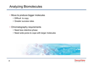 Analyzing Biomolecules
• Move to produce bigger molecules
• Difficult to copy• Difficult to copy
• Greater success rates
• Chromatography requirements
• Need less retentive phase
• Need wide pores to cope with larger molecules• Need wide pores to cope with larger molecules
29
 