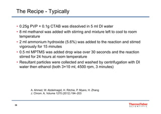 The Recipe - Typically
• 0.25g PVP + 0.1g CTAB was dissolved in 5 ml DI water
8 ml methanol was added with stirring and mixture left to cool to room• 8 ml methanol was added with stirring and mixture left to cool to room
temperature
• 2 ml ammonium hydroxide (5.6%) was added to the reaction and stirred
vigorously for 15 minutes
• 0.5 ml MPTMS was added drop wise over 30 seconds and the reaction
stirred for 24 hours at room temperaturestirred for 24 hours at room temperature
• Resultant particles were collected and washed by centrifugation with DI
water then ethanol (both 3×10 ml, 4500 rpm, 3 minutes)
A. Ahmed, W. Abdelmagid, H. Ritchie, P. Myers, H. Zhang
J. Chrom. A, Volume 1270 (2012) 194–203
39
 
