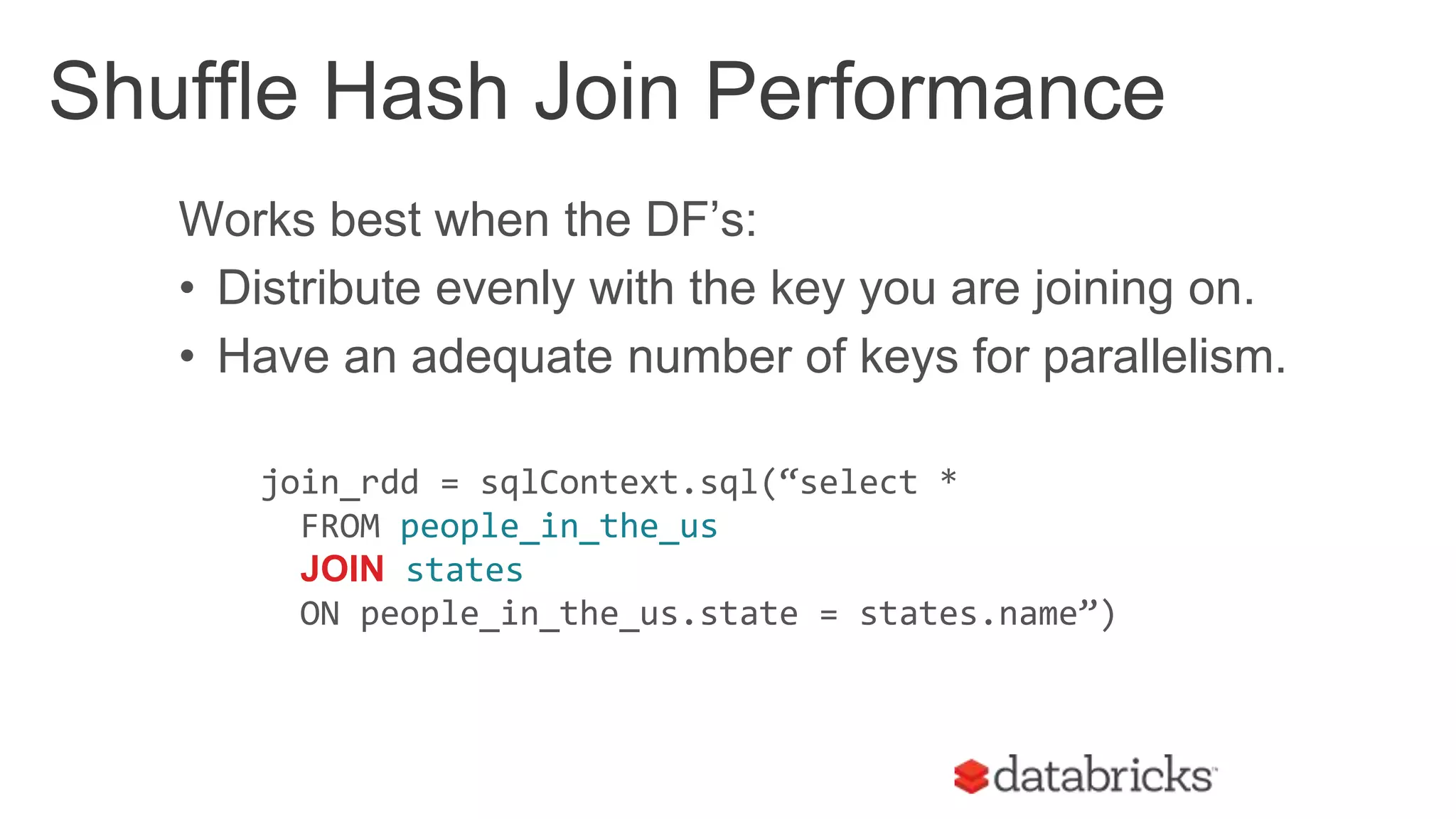 join_rdd = sqlContext.sql(“select *
FROM people_in_the_us
JOIN states
ON people_in_the_us.state = states.name”)
Shuffle Hash Join Performance
Works best when the DF’s:
• Distribute evenly with the key you are joining on.
• Have an adequate number of keys for parallelism.
 