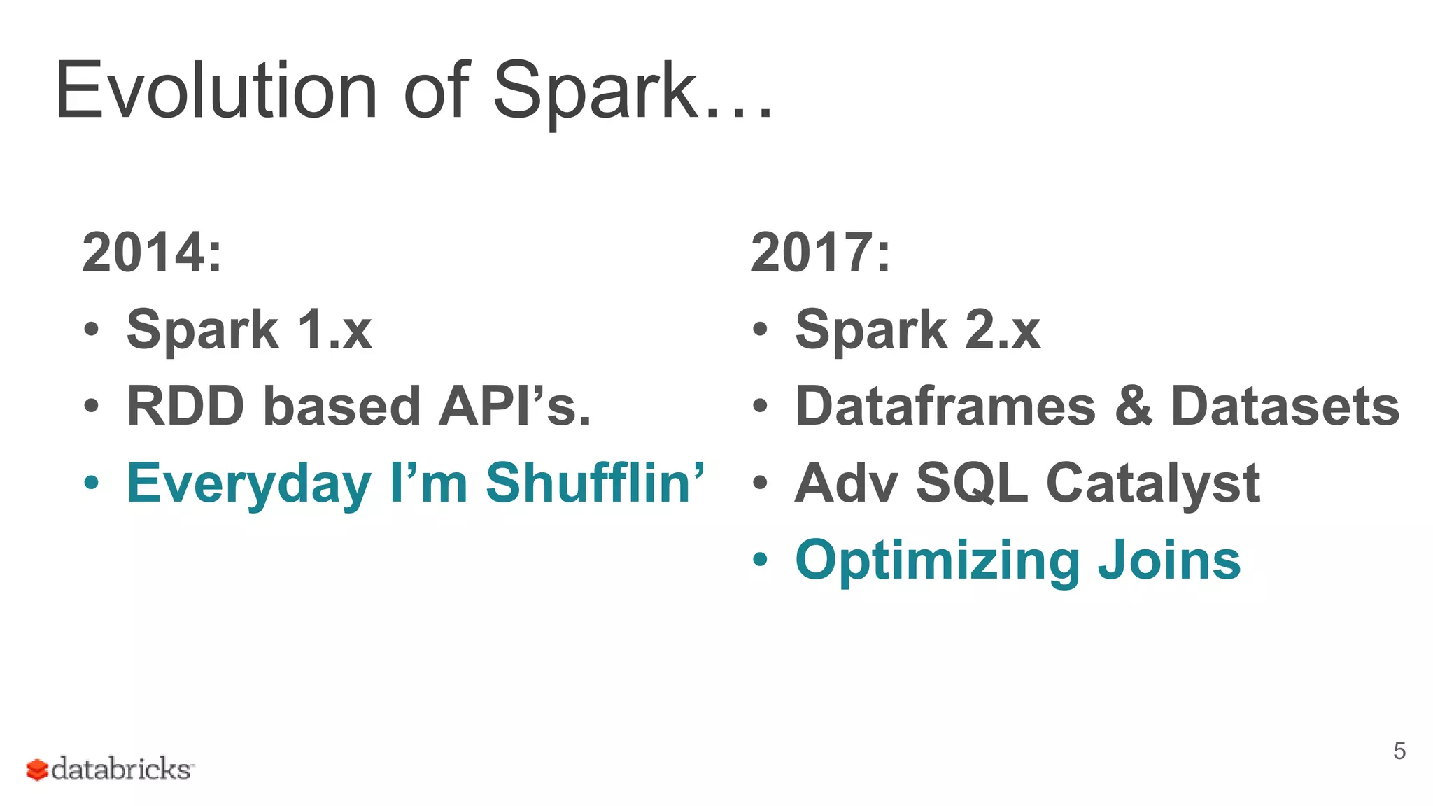 Evolution of Spark…
5
2014:
• Spark 1.x
• RDD based API’s.
• Everyday I’m Shufflin’
2017:
• Spark 2.x
• Dataframes & Datasets
• Adv SQL Catalyst
• Optimizing Joins
 