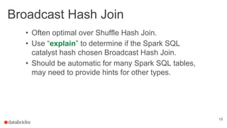 Broadcast Hash Join
19
• Often optimal over Shuffle Hash Join.
• Use “explain” to determine if the Spark SQL
catalyst hash chosen Broadcast Hash Join.
• Should be automatic for many Spark SQL tables,
may need to provide hints for other types.
 