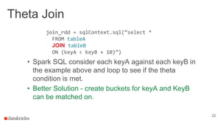Theta Join
22
• Spark SQL consider each keyA against each keyB in
the example above and loop to see if the theta
condition is met.
• Better Solution - create buckets for keyA and KeyB
can be matched on.
join_rdd = sqlContext.sql(“select *
FROM tableA
JOIN tableB
ON (keyA < keyB + 10)”)
 