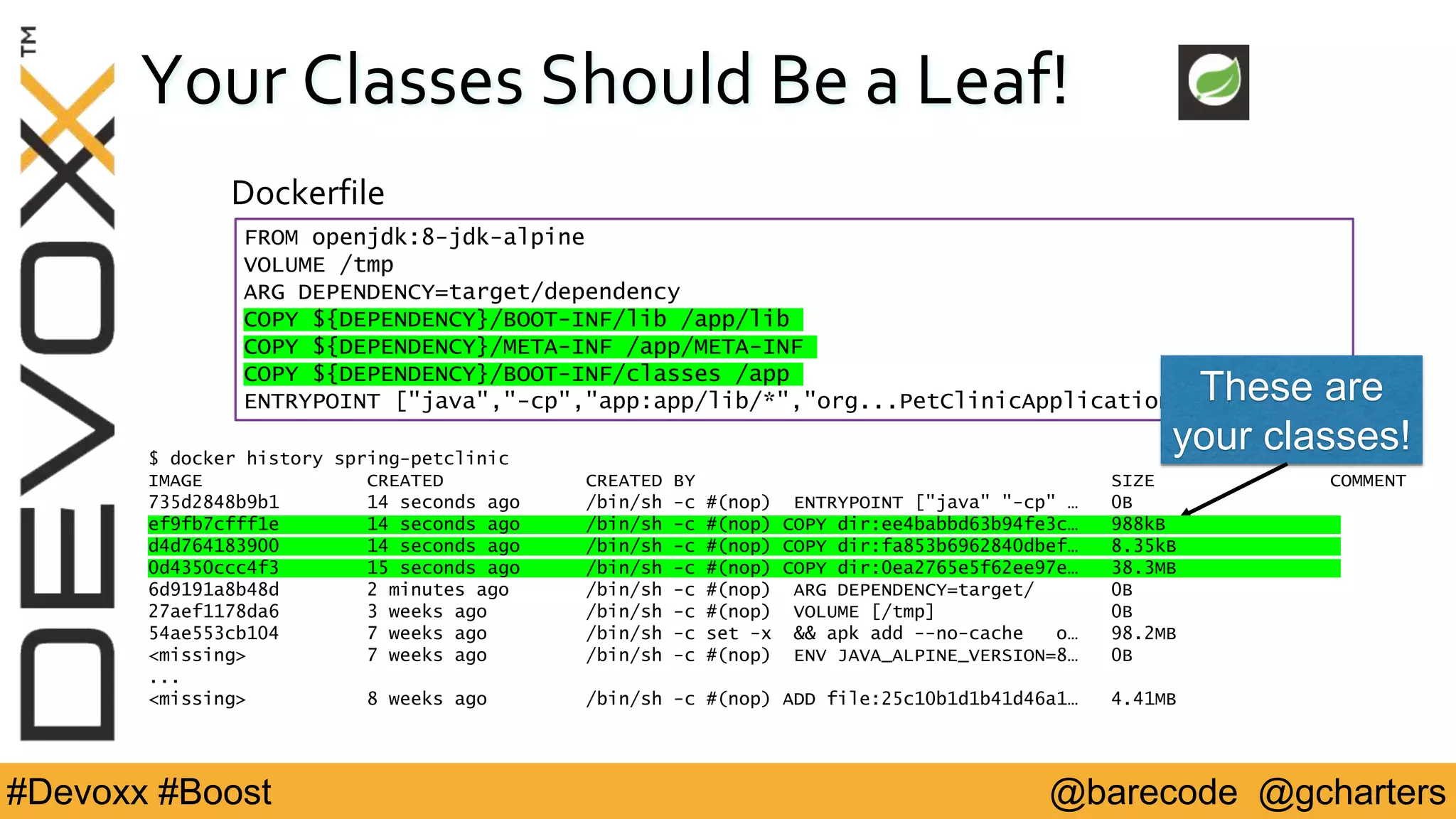 @barecode @gcharters#Devoxx #Boost
FROM openjdk:8-jdk-alpine
VOLUME /tmp
ARG DEPENDENCY=target/dependency
COPY ${DEPENDENCY}/BOOT-INF/lib /app/lib
COPY ${DEPENDENCY}/META-INF /app/META-INF
COPY ${DEPENDENCY}/BOOT-INF/classes /app
ENTRYPOINT ["java","-cp","app:app/lib/*","org...PetClinicApplication"]
Your Classes Should Be a Leaf!
Dockerfile
These are
your classes!$ docker history spring-petclinic
IMAGE CREATED CREATED BY SIZE COMMENT
735d2848b9b1 14 seconds ago /bin/sh -c #(nop) ENTRYPOINT ["java" "-cp" … 0B
ef9fb7cfff1e 14 seconds ago /bin/sh -c #(nop) COPY dir:ee4babbd63b94fe3c… 988kB
d4d764183900 14 seconds ago /bin/sh -c #(nop) COPY dir:fa853b6962840dbef… 8.35kB
0d4350ccc4f3 15 seconds ago /bin/sh -c #(nop) COPY dir:0ea2765e5f62ee97e… 38.3MB
6d9191a8b48d 2 minutes ago /bin/sh -c #(nop) ARG DEPENDENCY=target/ 0B
27aef1178da6 3 weeks ago /bin/sh -c #(nop) VOLUME [/tmp] 0B
54ae553cb104 7 weeks ago /bin/sh -c set -x && apk add --no-cache o… 98.2MB
<missing> 7 weeks ago /bin/sh -c #(nop) ENV JAVA_ALPINE_VERSION=8… 0B
...
<missing> 8 weeks ago /bin/sh -c #(nop) ADD file:25c10b1d1b41d46a1… 4.41MB
 