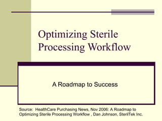 Optimizing Sterile Processing Workflow A Roadmap to Success Source:  HealthCare Purchasing News, Nov 2006: A Roadmap to Optimizing Sterile Processing Workflow , Dan Johnson, SterilTek Inc. 
