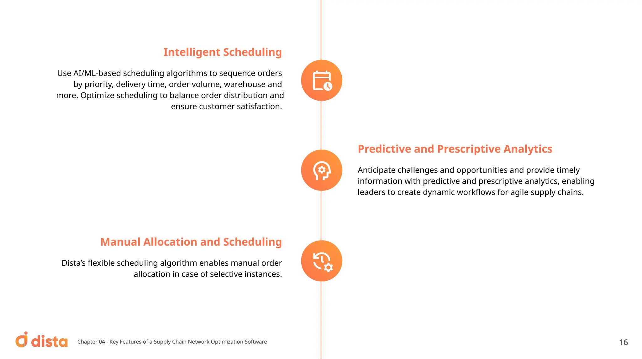Manual Allocation and Scheduling
Dista’s ﬂexible scheduling algorithm enables manual order
allocation in case of selective instances.
Predictive and Prescriptive Analytics
Anticipate challenges and opportunities and provide timely
information with predictive and prescriptive analytics, enabling
leaders to create dynamic workﬂows for agile supply chains.
Intelligent Scheduling
Use AI/ML-based scheduling algorithms to sequence orders
by priority, delivery time, order volume, warehouse and
more. Optimize scheduling to balance order distribution and
ensure customer satisfaction.
16
Chapter 04 - Key Features of a Supply Chain Network Optimization Software
 