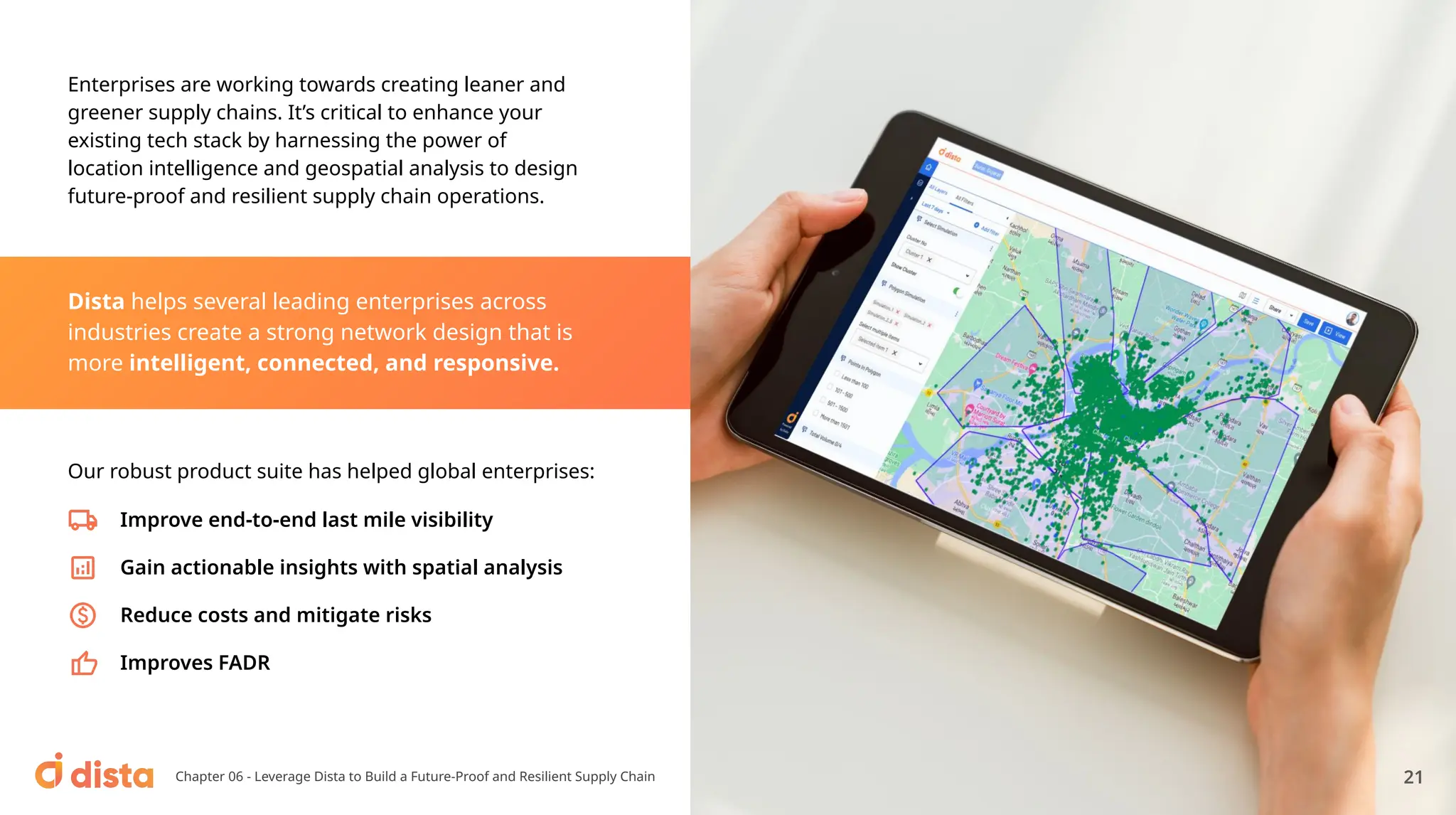 Enterprises are working towards creating leaner and
greener supply chains. It’s critical to enhance your
existing tech stack by harnessing the power of
location intelligence and geospatial analysis to design
future-proof and resilient supply chain operations.
Dista helps several leading enterprises across
industries create a strong network design that is
more intelligent, connected, and responsive.
Chapter 06 - Leverage Dista to Build a Future-Proof and Resilient Supply Chain 21
Our robust product suite has helped global enterprises:
Improve end-to-end last mile visibility
Gain actionable insights with spatial analysis
Reduce costs and mitigate risks
Improves FADR
 