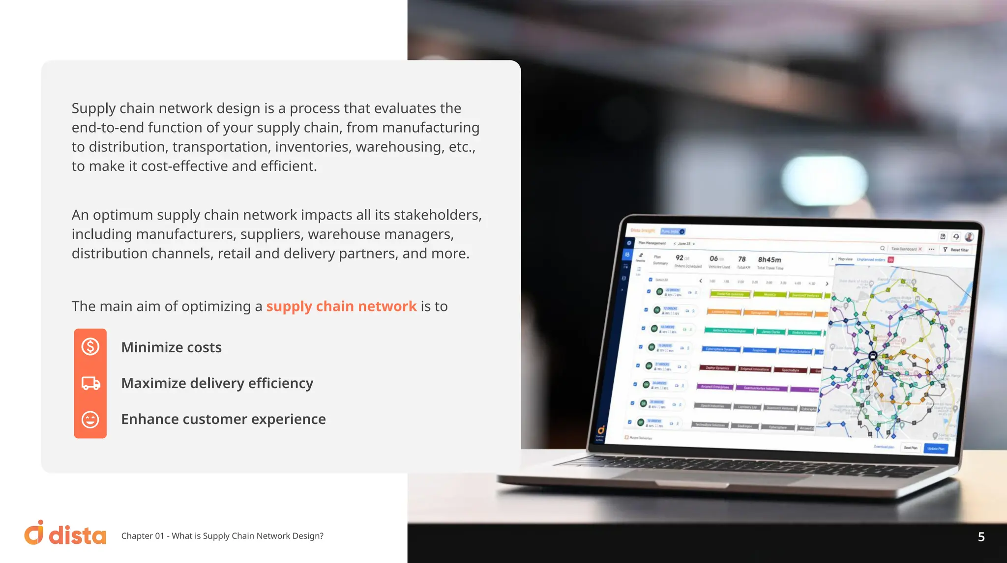 Supply chain network design is a process that evaluates the
end-to-end function of your supply chain, from manufacturing
to distribution, transportation, inventories, warehousing, etc.,
to make it cost-eﬀective and eﬃcient.
An optimum supply chain network impacts all its stakeholders,
including manufacturers, suppliers, warehouse managers,
distribution channels, retail and delivery partners, and more.
The main aim of optimizing a supply chain network is to
Minimize costs
Maximize delivery eﬃciency
Enhance customer experience
Chapter 01 - What is Supply Chain Network Design? 5
 