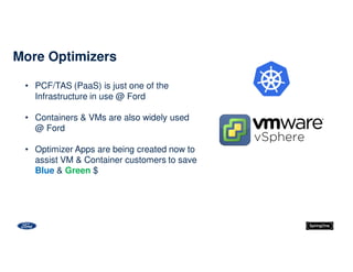 • PCF/TAS (PaaS) is just one of the
Infrastructure in use @ Ford
• Containers & VMs are also widely used
@ Ford
• Optimizer Apps are being created now to
assist VM & Container customers to save
Blue & Green $
More Optimizers
 