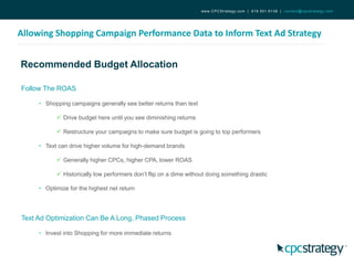Recommended Budget Allocation
Allowing Shopping Campaign Performance Data to Inform Text Ad Strategy
www.CPCStrategy.com | 619.501.6138 | contact@cpcstrategy.com
Follow The ROAS
• Shopping campaigns generally see better returns than text
 Drive budget here until you see diminishing returns
 Restructure your campaigns to make sure budget is going to top performers
• Text can drive higher volume for high-demand brands
 Generally higher CPCs, higher CPA, lower ROAS
 Historically low performers don’t flip on a dime without doing something drastic
• Optimize for the highest net return
Text Ad Optimization Can Be A Long, Phased Process
• Invest into Shopping for more immediate returns
 