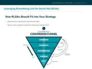 How RLSAs Should Fit into Your Strategy
Leveraging Remarketing Lists for Search Ads (RLSAs)
www.CPCStrategy.com | 619.501.6138 | contact@cpcstrategy.com
• Opportunity to expand your top-of-funnel reach
• Do you have a system in place for measuring customer LTV?
 