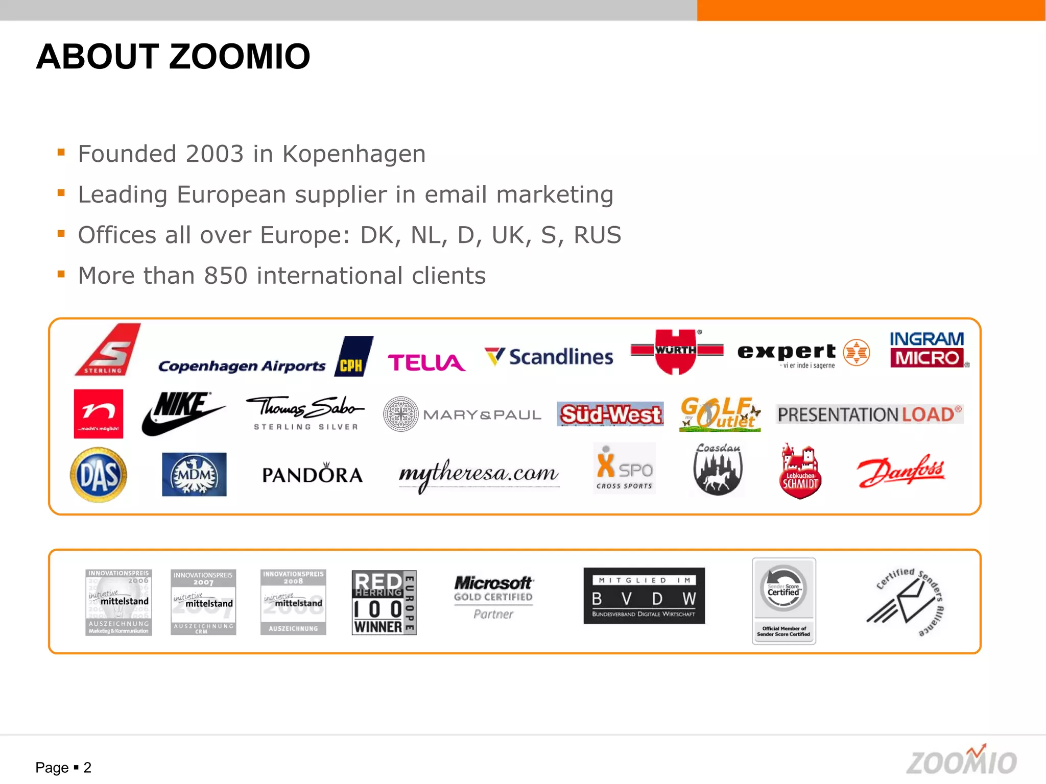 ABOUT ZOOMIO Page     Founded 2003 in Kopenhagen Leading European supplier in email marketing Offices all over Europe: DK, NL, D, UK, S, RUS More than 850 international clients 