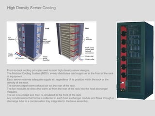 High Density Server Cooling Front-to-back cooling principle used in most high density server designs.  The Modular Cooling System (MDS)  evenly distributes cold supply air at the front of the rack of equipment. Each server receives adequate supply air, regardless of its position within the rack or the density of the rack.  The servers expel warm exhaust air out the rear of the rack. The fan modules re-direct the warm air from the rear of the rack into the heat exchanger modules.  The air is re-cooled and then re-circulated to the front of the rack. Any condensation that forms is collected in each heat exchanger module and flows through a discharge tube to a condensation tray integrated in the base assembly.  