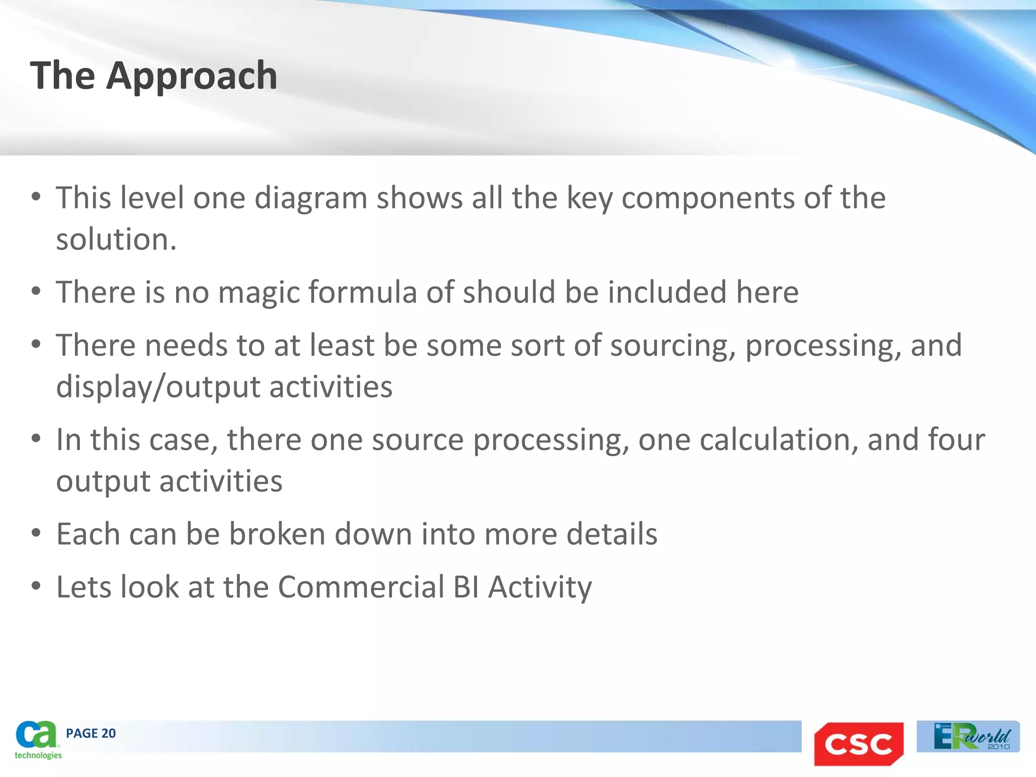 The Approach

• This level one diagram shows all the key components of the
  solution.
• There is no magic formula of should be included here
• There needs to at least be some sort of sourcing, processing, and
  display/output activities
• In this case, there one source processing, one calculation, and four
  output activities
• Each can be broken down into more details
• Lets look at the Commercial BI Activity



  PAGE 20
 