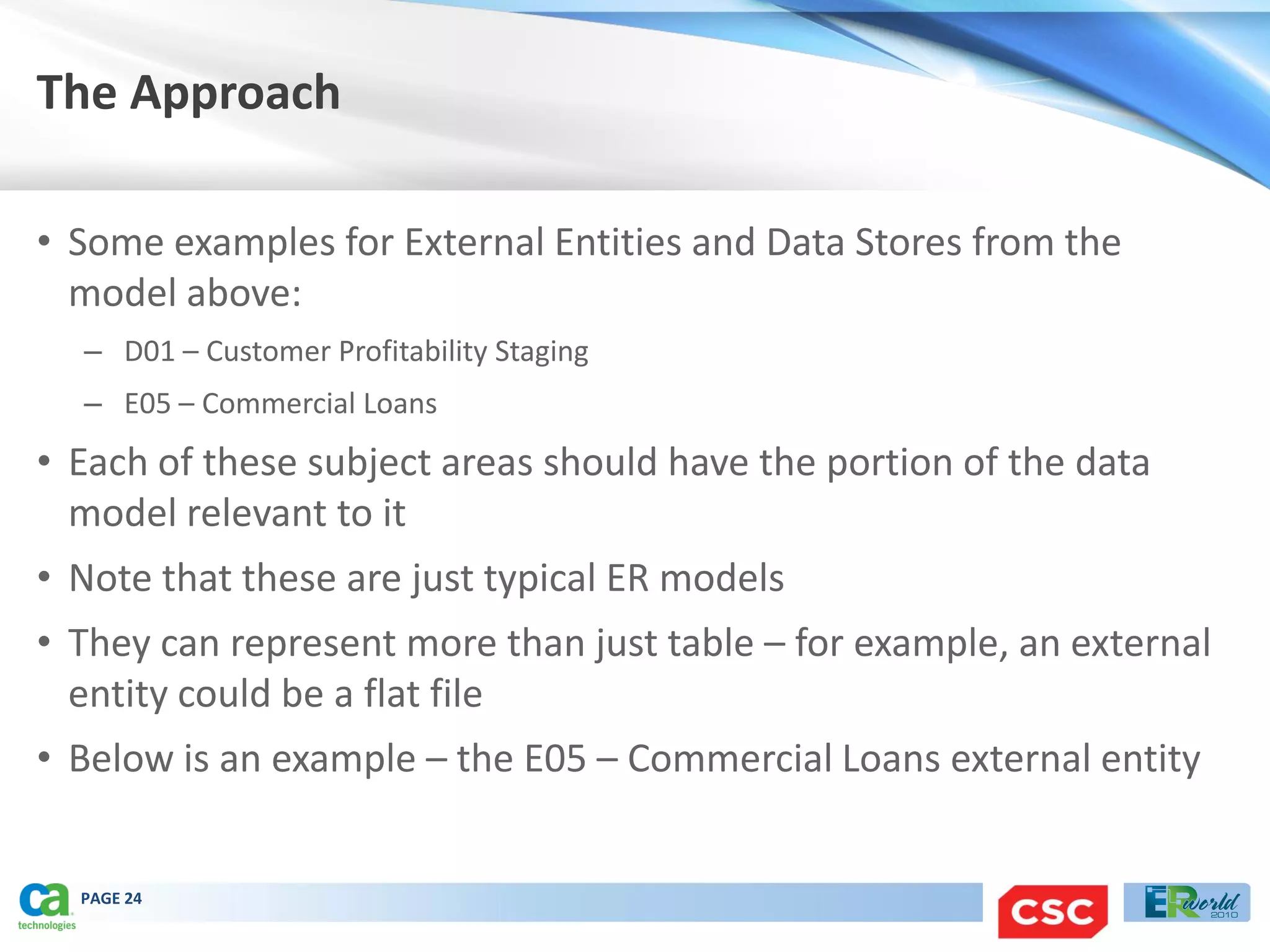 The Approach

• Some examples for External Entities and Data Stores from the
  model above:
  – D01 – Customer Profitability Staging
  – E05 – Commercial Loans
• Each of these subject areas should have the portion of the data
  model relevant to it
• Note that these are just typical ER models
• They can represent more than just table – for example, an external
  entity could be a flat file
• Below is an example – the E05 – Commercial Loans external entity


  PAGE 24
 