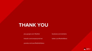 THANK YOU
plus.google.com/+RedHat
linkedin.com/company/red-hat
youtube.com/user/RedHatVideos
facebook.com/redhatinc
twitter.com/RedHatNews
 