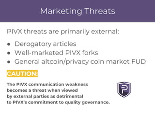 PIVX threats are primarily external:
● Derogatory articles
● Well-marketed PIVX forks
● General altcoin/privacy coin marke...