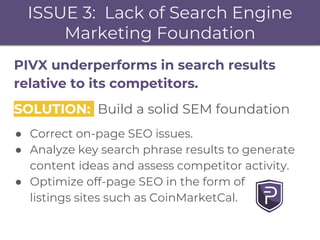 ISSUE 3: Lack of Search Engine
Marketing Foundation
PIVX underperforms in search results
relative to its competitors.
SOLU...