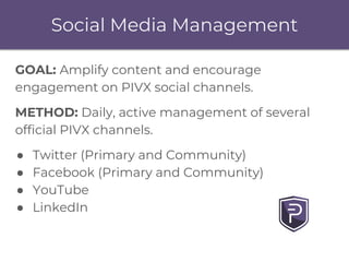 Social Media Management
GOAL: Amplify content and encourage
engagement on PIVX social channels.
METHOD: Daily, active mana...