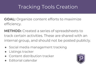 Tracking Tools Creation
GOAL: Organize content efforts to maximize
efficiency.
METHOD: Created a series of spreadsheets to...