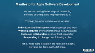 Manifesto for Agile Software Development
We are uncovering better ways of developing
software by doing it and helping othe...