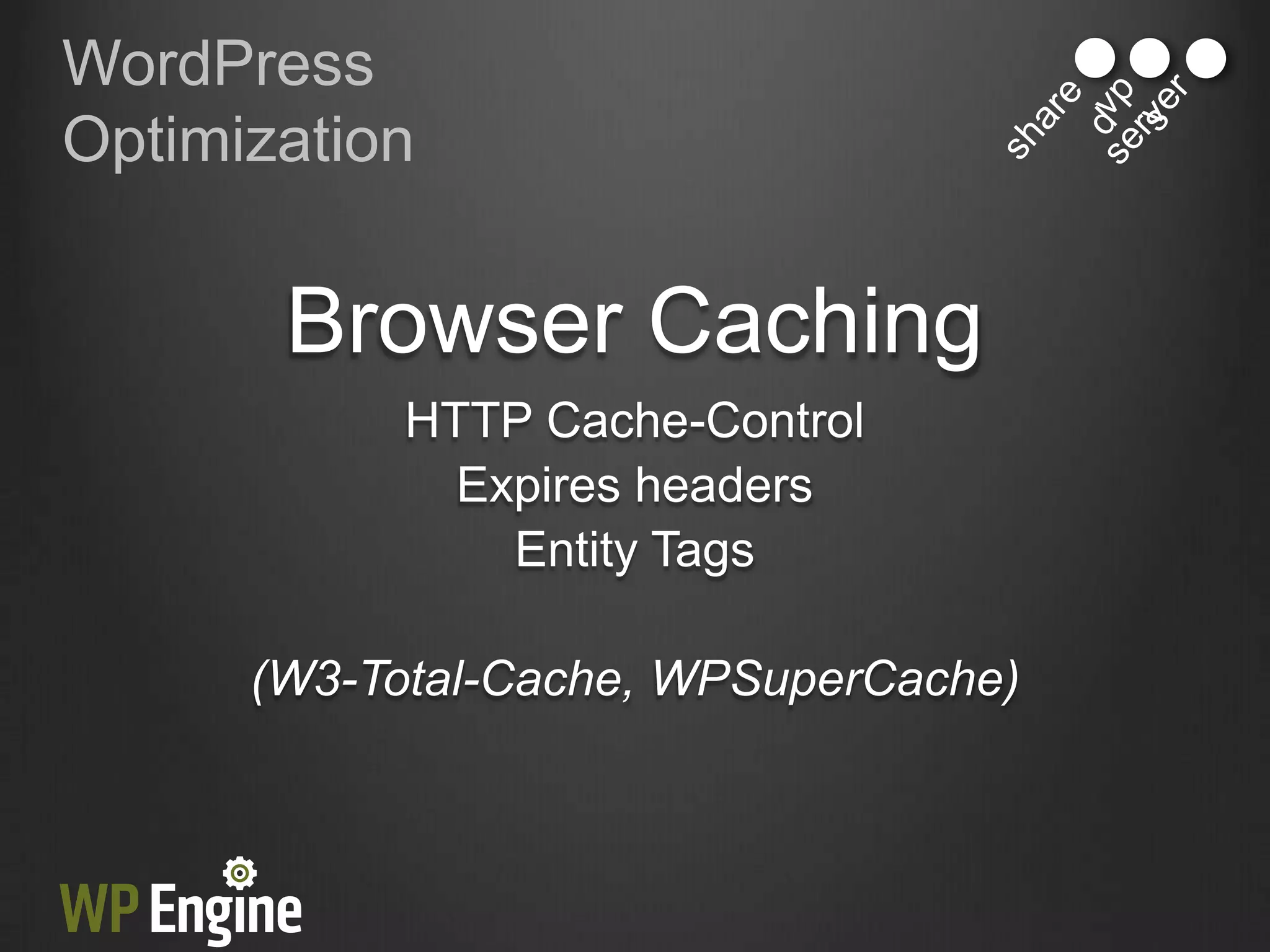 WordPress
Optimization


       Browser Caching
            HTTP Cache-Control
              Expires headers
                Entity Tags

      (W3-Total-Cache, WPSuperCache)
 