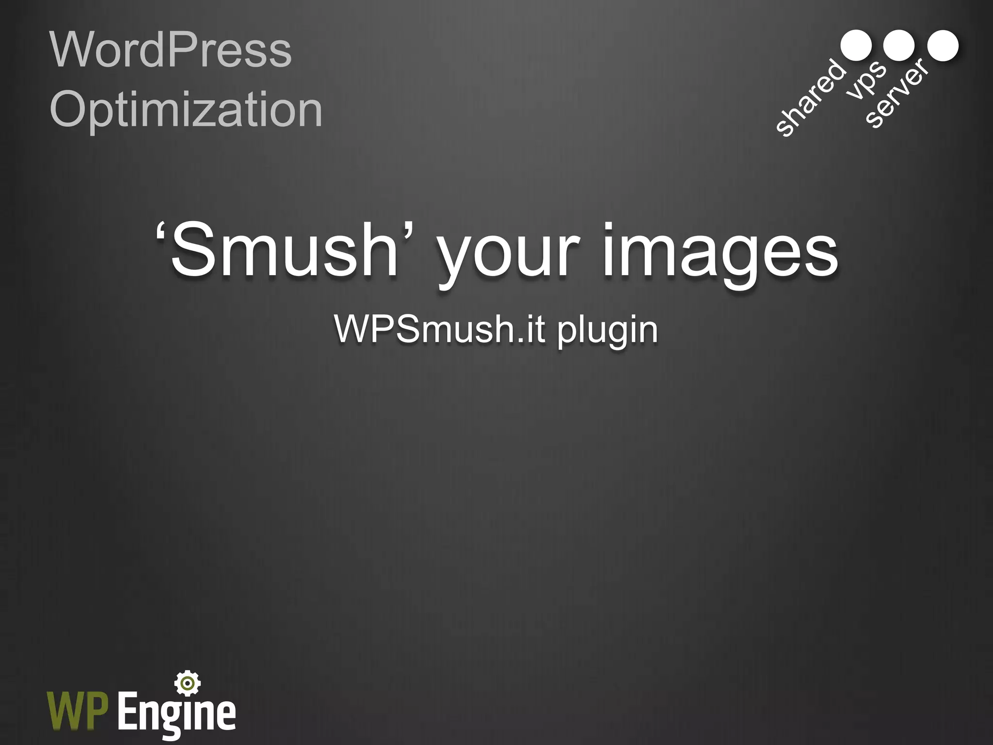 WordPress
Optimization


    „Smush‟ your images
               WPSmush.it plugin
 