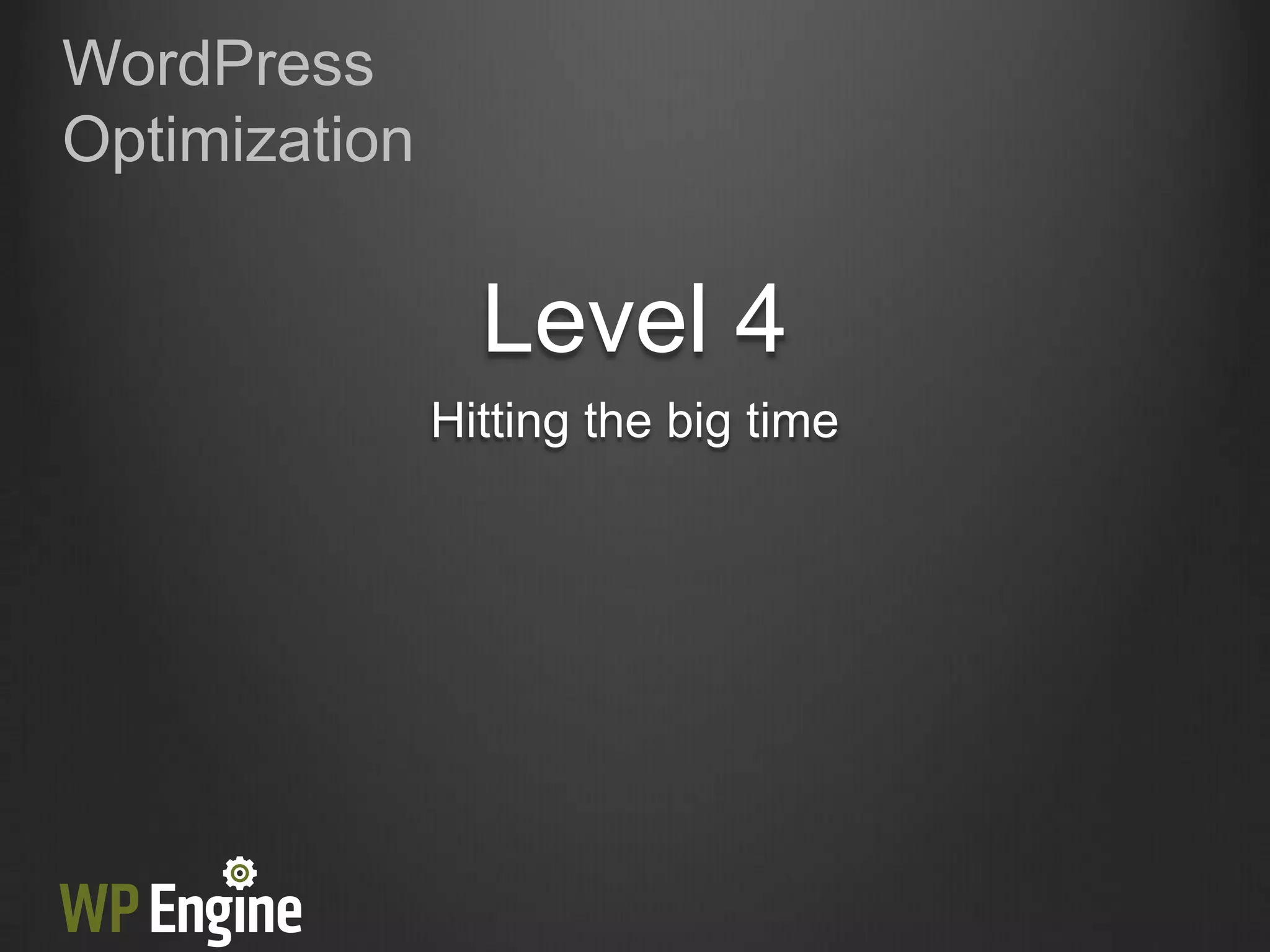 WordPress
Optimization


                 Level 4
               Hitting the big time
 