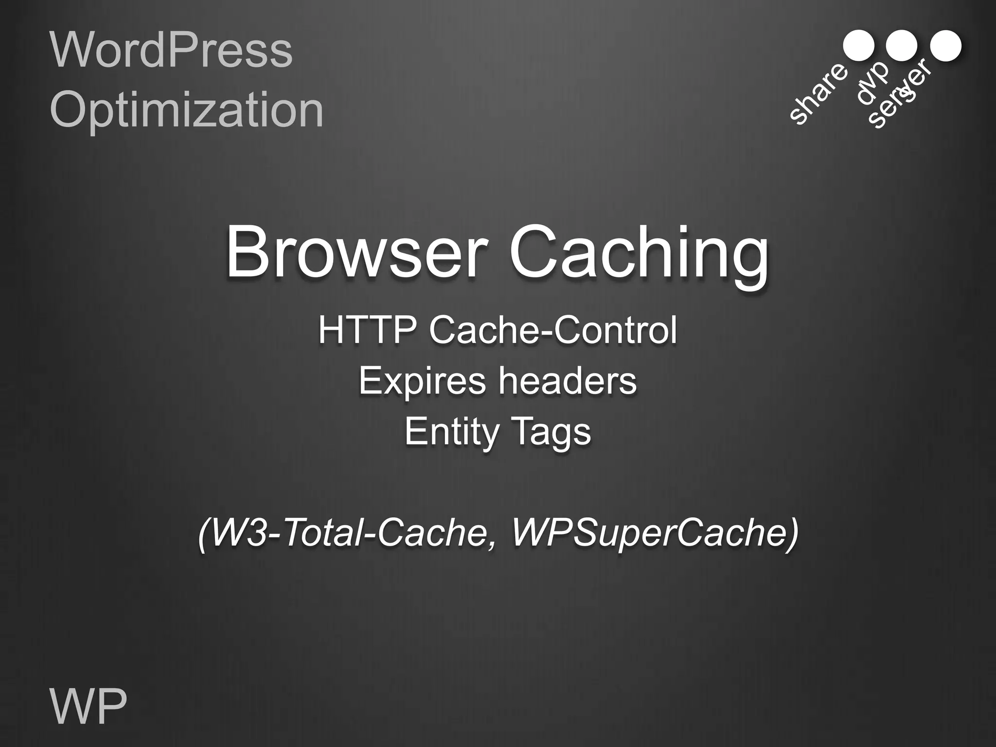 WordPress
Optimization


       Browser Caching
            HTTP Cache-Control
              Expires headers
                Entity Tags

      (W3-Total-Cache, WPSuperCache)



WP
 