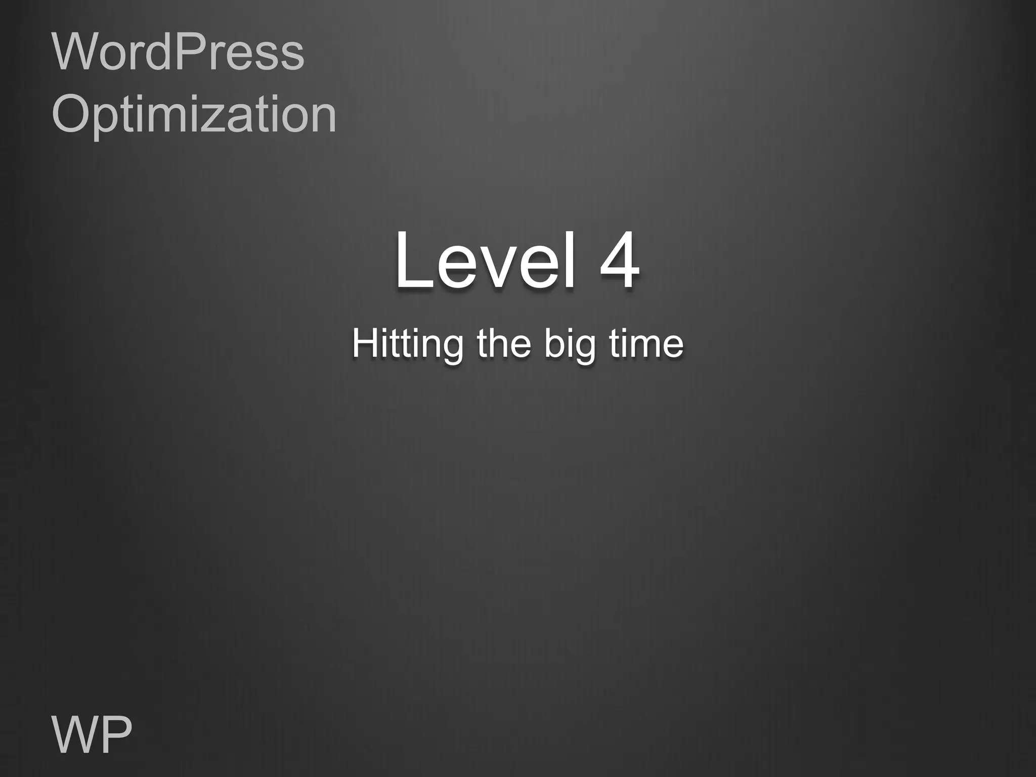 WordPress
Optimization


                 Level 4
               Hitting the big time




WP
 