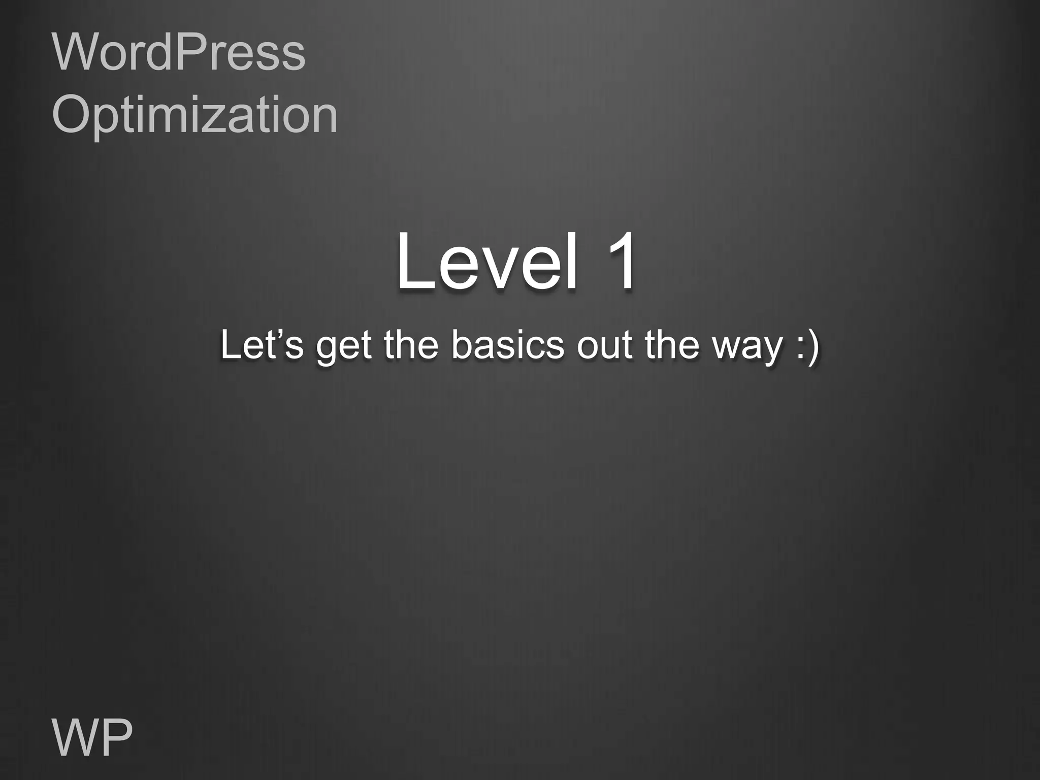 WordPress
Optimization


                 Level 1
       Let‟s get the basics out the way :)




WP
 