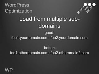 WordPress
Optimization
      Load from multiple sub-
             domains
                    good:
  foo1.yourdomain.com, foo2.yourdomain.com

                    better:
  foo1.otherdomain.com, foo2.otheromain2.com



WP
 