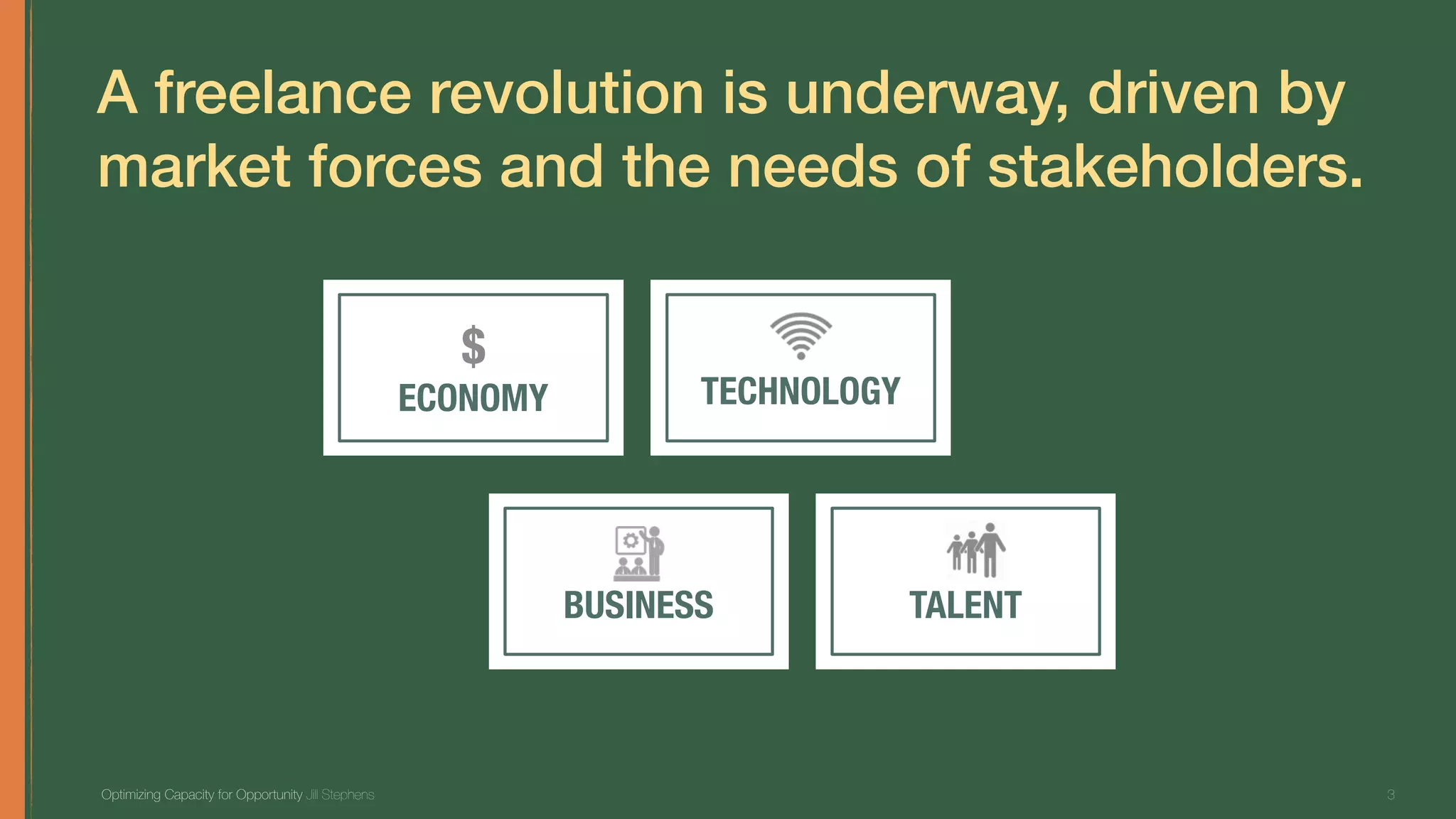 A freelance revolution is underway, driven by
market forces and the needs of stakeholders.
Optimizing Capacity for Opportunity Jill Stephens 3
TALENTBUSINESS
$
ECONOMY TECHNOLOGY
 