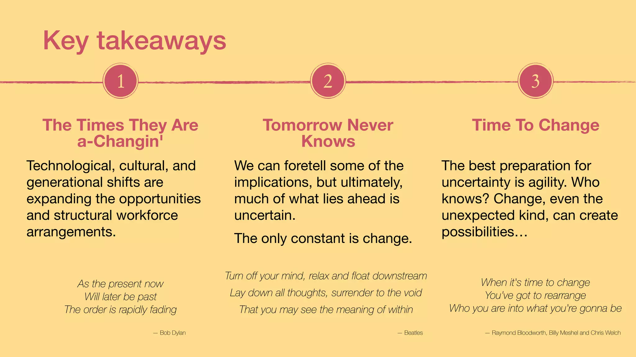 As the present now
Will later be past
The order is rapidly fading
Technological, cultural, and
generational shifts are
expanding the opportunities
and structural workforce
arrangements.
The Times They Are  
a-Changin'
We can foretell some of the
implications, but ultimately,
much of what lies ahead is
uncertain. 

The only constant is change.
Tomorrow Never  
Knows
When it's time to change
You’ve got to rearrange
Who you are into what you're gonna be
The best preparation for
uncertainty is agility. Who
knows? Change, even the
unexpected kind, can create
possibilities…
Time To Change
1 2 3
Turn off your mind, relax and float downstream
Lay down all thoughts, surrender to the void
That you may see the meaning of within
Key takeaways
— Bob Dylan — Beatles — Raymond Bloodworth, Billy Meshel and Chris Welch
 